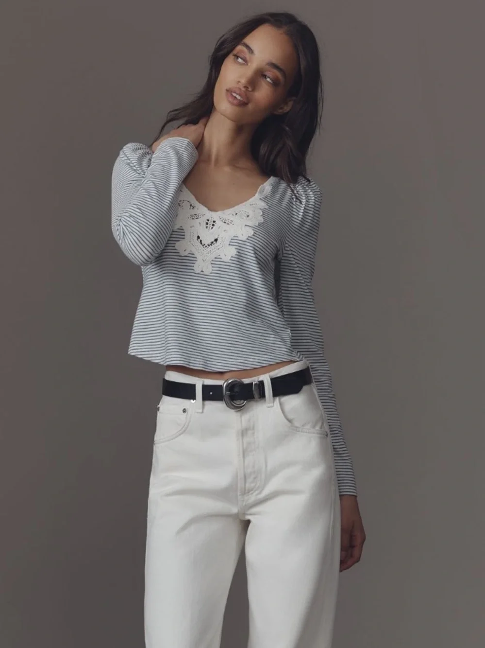 ANTHROPOLOGIE MAEVE Lace Detail Puff-Shoulder Long-Sleeve Knit Top Blue Stripe
